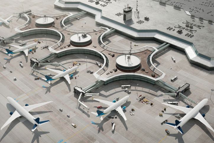 3D rendering of generic airport terminal with parked airplanes. Aerial view of commercial aircrafts in airport parking lot, computer graphic image.